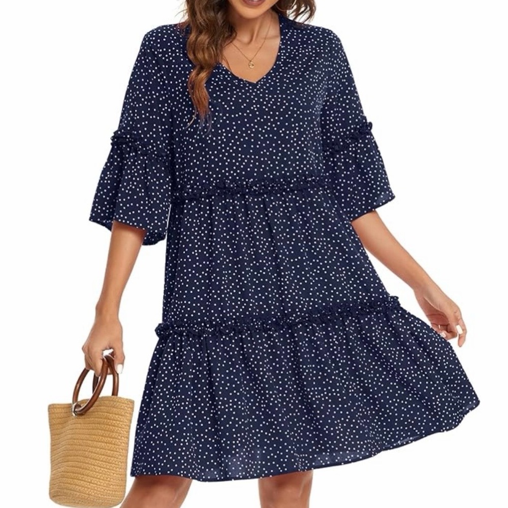 Navy Polka Dot Knee Length Dress — Ruffle Details — M/L